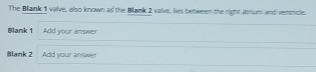 The Blank 1 valve, also known as the Blank 2 valve, lies between the right atrium and vemricle. 
Blank 1 Add your answer 
Blank 2 Add your answer