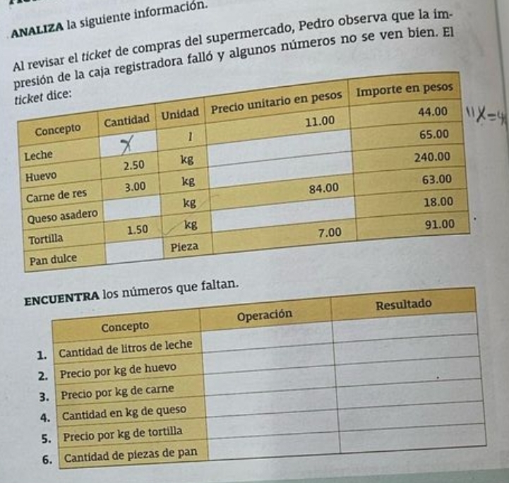 ANALIZA la siguiente información. 
evisar el tícket de compras del supermercado, Pedro observa que la ím- 
ora falló y algunos números no se ven bien. El