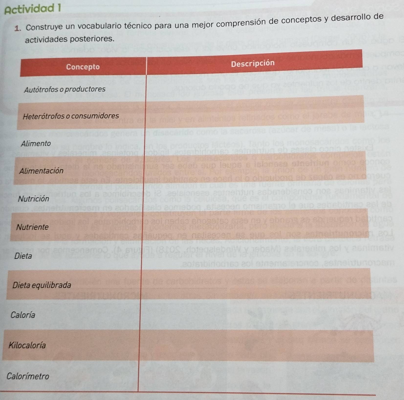 Actividad 1 
1. Construye un vocabulario técnico para una mejor comprensión de conceptos y desarrollo de 
N 
0 

D 
D 
Ca 
Kil 
Cal