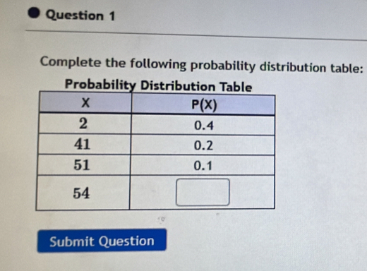 Complete the following probability distribution table:
Probabilit
Submit Question