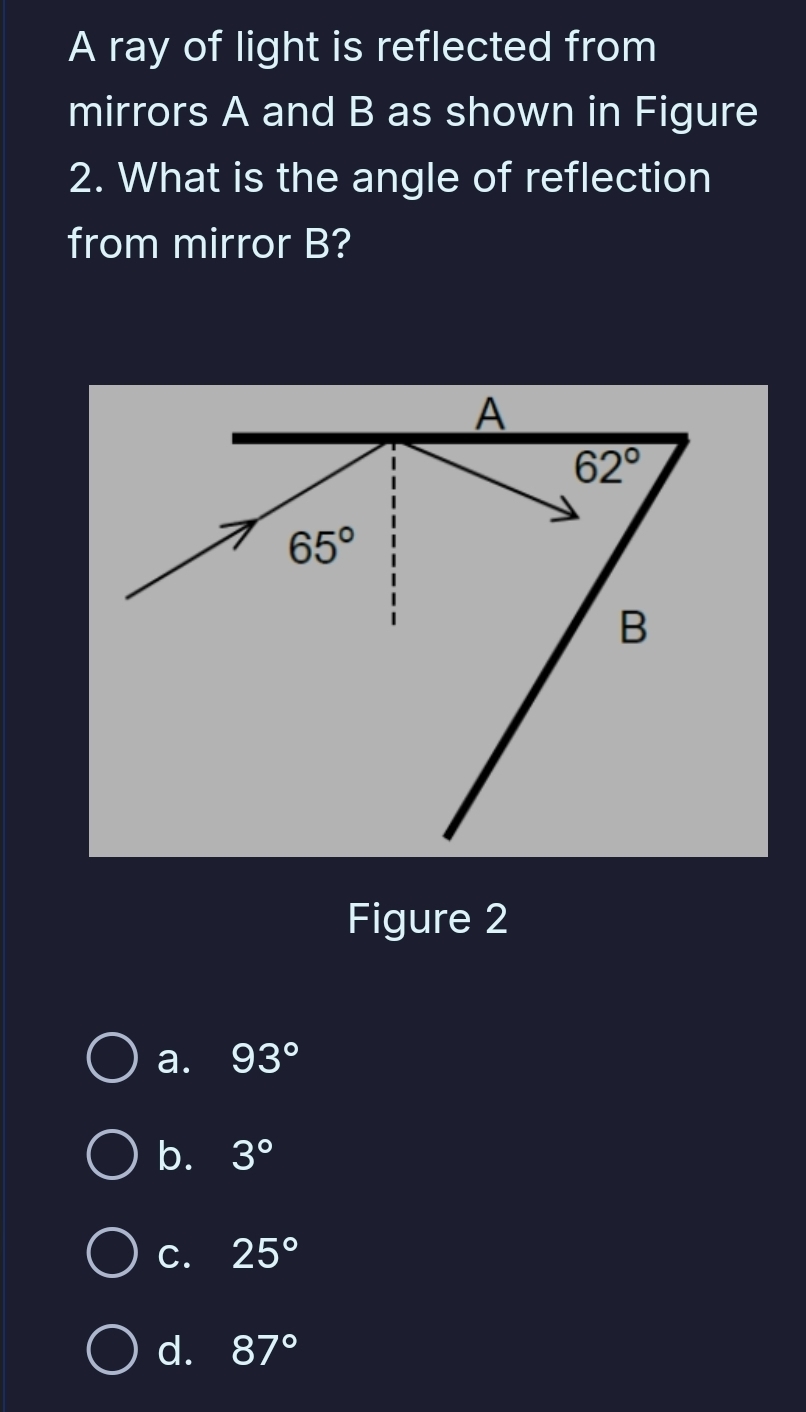 A ray of light is reflected from
mirrors A and B as shown in Figure
2. What is the angle of reflection
from mirror B?
Figure 2
a. 93°
b. 3°
C. 25°
d. 87°