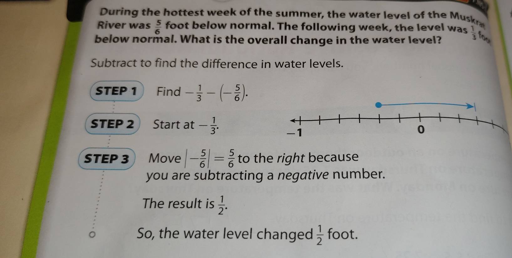 During the hottest week of the summer, the water level of the Muskra 
River was  5/6  foot below normal. The following week, the level was  1/3  for 
below normal. What is the overall change in the water level? 
Subtract to find the difference in water levels. 
STEP 1 Find - 1/3 -(- 5/6 ). 
STEP 2 Start at - 1/3 . 
STEP 3 Move |- 5/6 |= 5/6  to the right because 
you are subtracting a negative number. 
The result is  1/2 . 
So, the water level changed  1/2  foot.