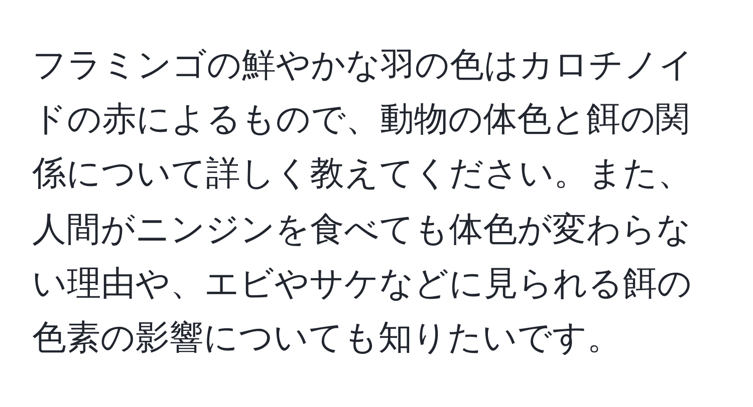 フラミンゴの鮮やかな羽の色はカロチノイドの赤によるもので、動物の体色と餌の関係について詳しく教えてください。また、人間がニンジンを食べても体色が変わらない理由や、エビやサケなどに見られる餌の色素の影響についても知りたいです。