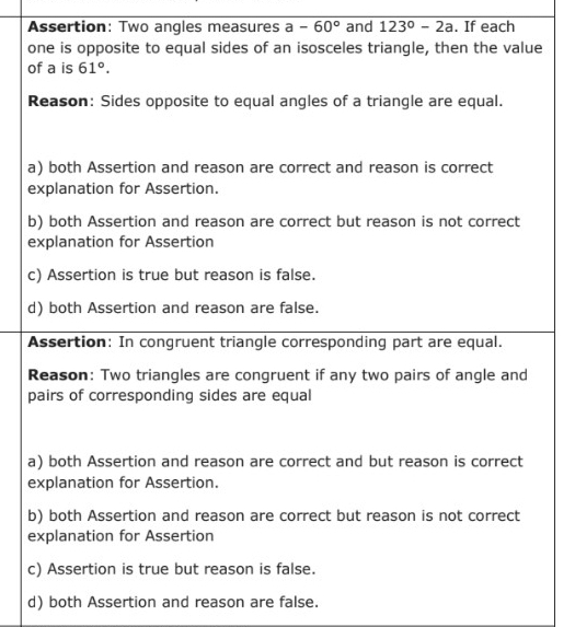 Solved: Assertion: Two angles measures a-60° and 123°-2a. If each one ...