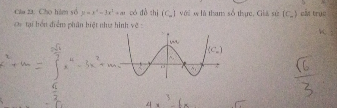 Cho hàm số y=x^4-3x^2+m có đồ thị (C_m) với m là tham số thực, Giả sử (C_m) cất trục
Or tại bốn điểm phân biệt như hình vẽ :