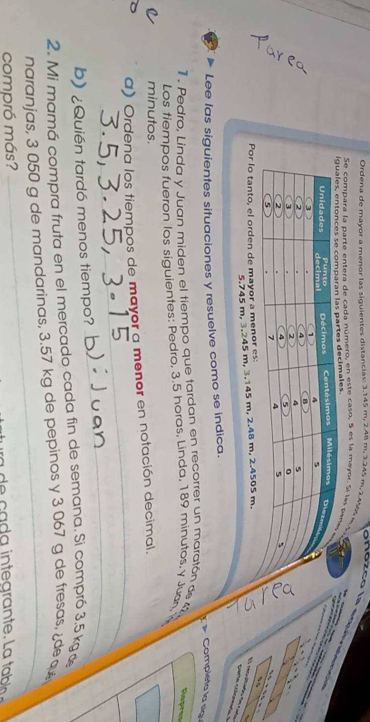 Ordena de mayor a menor las siguientes distancias: 3.145 m, 2.48 m, 3.245 m. 2.450s m.s 
Se compara la parte entera de cada número, en este caso, 5 es la mayor. Si las pa 
es.
 2/2 m_2v_2^(2-frac 2)2m
l d
45=_ 
_ 
tanto, el or 
_
5.745 m, 3.245 m, 3.145 m, 2.4
El restto de cu 
Lee las siguientes situaciones y resuelve como se indica. 
Completa la sigu 
1 . Pedro, Linda y Juan miden el tiempo que tardan en recorrer un maratón de 42, 
Repres 
Los tiempos fueron los siguientes: Pedro, 3.5 horas, Linda, 189 minutos, y Juan, 1 
minutos. 
_ 
a) Ordena los tiempos de mayor a menor en notación decimal. 
b)¿Quién tardó menos tiempo? 
_ 
2. Mi mamá compra fruta en el mercado cada fin de semana. Si compró 3.5 kg d 
naranjas, 3 050 g de mandarinas, 3.57 kg de pepinos y 3 067 g de fresas, ¿de qu 
compró más? 
a a d a integran te. L a l