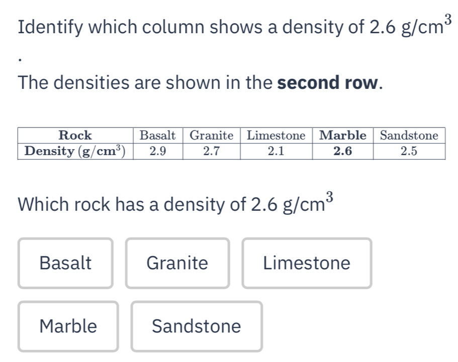 Solved: Identify which column shows a density of 2.6g/cm^3 The ...