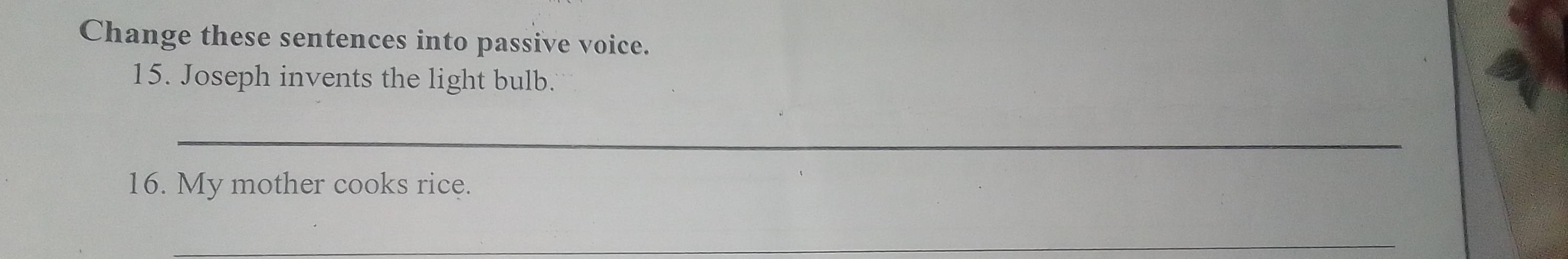 Change these sentences into passive voice. 
15. Joseph invents the light bulb. 
_ 
16. My mother cooks rice. 
_