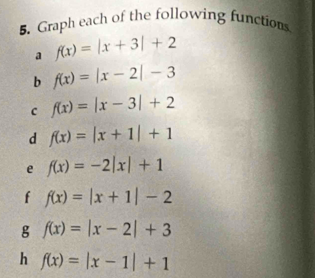 Graph each of the following functions 
a f(x)=|x+3|+2
b f(x)=|x-2|-3
C f(x)=|x-3|+2
d f(x)=|x+1|+1
e f(x)=-2|x|+1
f f(x)=|x+1|-2
g f(x)=|x-2|+3
h f(x)=|x-1|+1