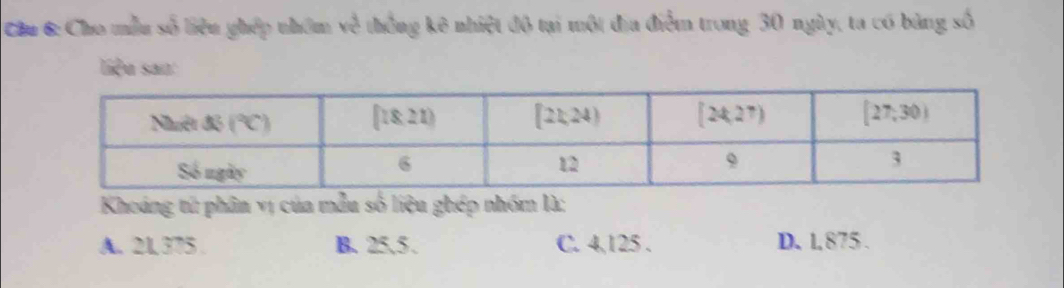 Cho mẫu số liệu ghép nhóm ve^(frac 1)2 thống kê nhiệt đô tại một địa điễm trong 30 ngày, ta có bảng số
liệu san
Khoáng tử phân vị của mẫu số liệu ghép nhóm là:
A. 21 375 B. 25,5 . C. 4,125 . D. 1,875 .