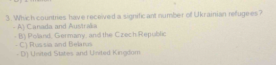Which countries have received a significant number of Ukrainian refugees?
- A) Canada and Australia
- B) Poland, Germany, and the Czech Republic
- C) Russia and Belarus
- D) United States and United Kingdom