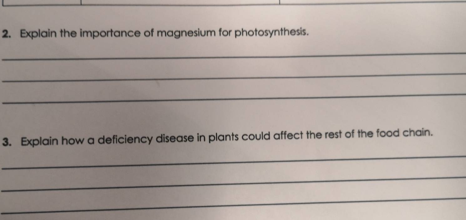 Explain the importance of magnesium for photosynthesis. 
_ 
_ 
_ 
3. Explain how a deficiency disease in plants could affect the rest of the food chain. 
_ 
_ 
_