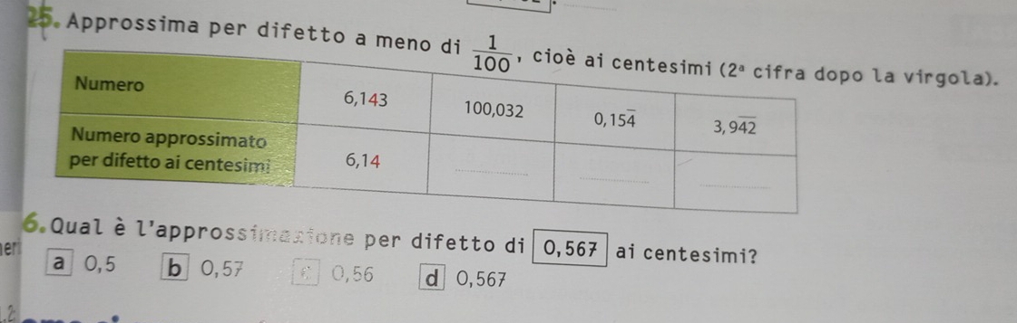 Approssima per difetto a mela virgola).
.Qual è 2' lapprossimazione per difetto di 0,567 ai centesimi?
ert a⩾0,5 b 0,57 C O,56 d 0,567