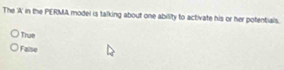 The 'A' in the PERMA model is talking about one ability to activate his or her potentials.
True
Faise