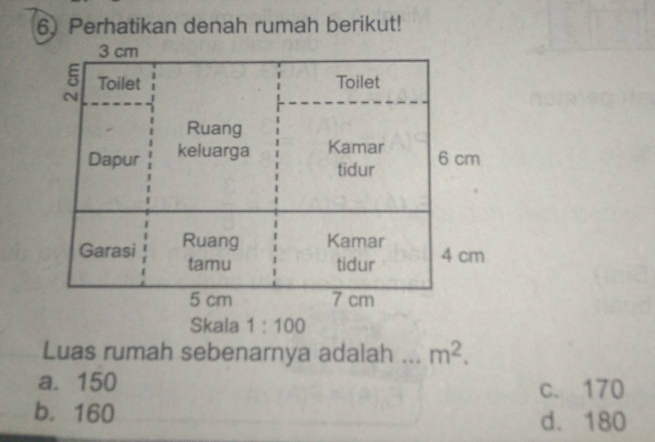 Perhatikan denah rumah berikut!
3 cm
5 Toilet Toilet
Ruang
Dapur keluarga
Kamar
6 cm
tidur
Garasi Ruang
Kamar
tamu tidur
4 cm
5 cm 7 cm
Skala 1:100
Luas rumah sebenarnya adalah m^2.
a. 150
c. 170
b. 160
d. 180