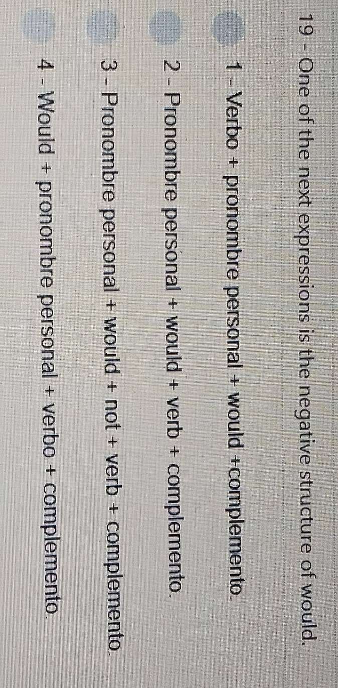 One of the next expressions is the negative structure of would.
1 - Verbo + pronombre personal + would +complemento.
2 - Pronombre personal + would + verb + complemento.
3 - Pronombre personal + would + not + verb + complemento.
4 - Would + pronombre personal + verbo + complemento.