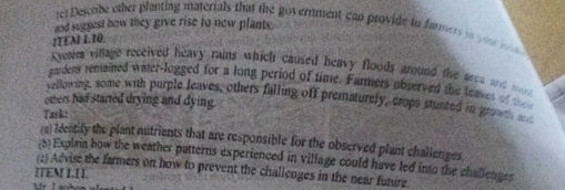 and suggest how they give rise to new plants. 
ret Desenbe other planting materials that the government can provide in farmers in yot 
IEM LTO 
Kyotm village received heavy rains which caused heavy floods around the aes a 
gardens remaied water-logged for a long period of time. Farmers observed the leaves of 
vellowing, some with purple leaves, others falling off prematurely, crops stunted in growth a 
others had started drying and dying. 
Task: 
(a) identify the plant nutrients that are responsible for the observed plant challenges. 
(5) Explria how the weather patterns experienced in village could have led into the challenges 
(2) Advise the farmers on how to prevent the challenges in the near future. 
ITEM I.II.