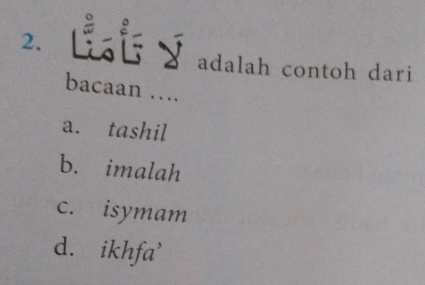 adalah contoh dari
bacaan ….
a. tashil
b. imalah
c. isymam
d. ikhfa'