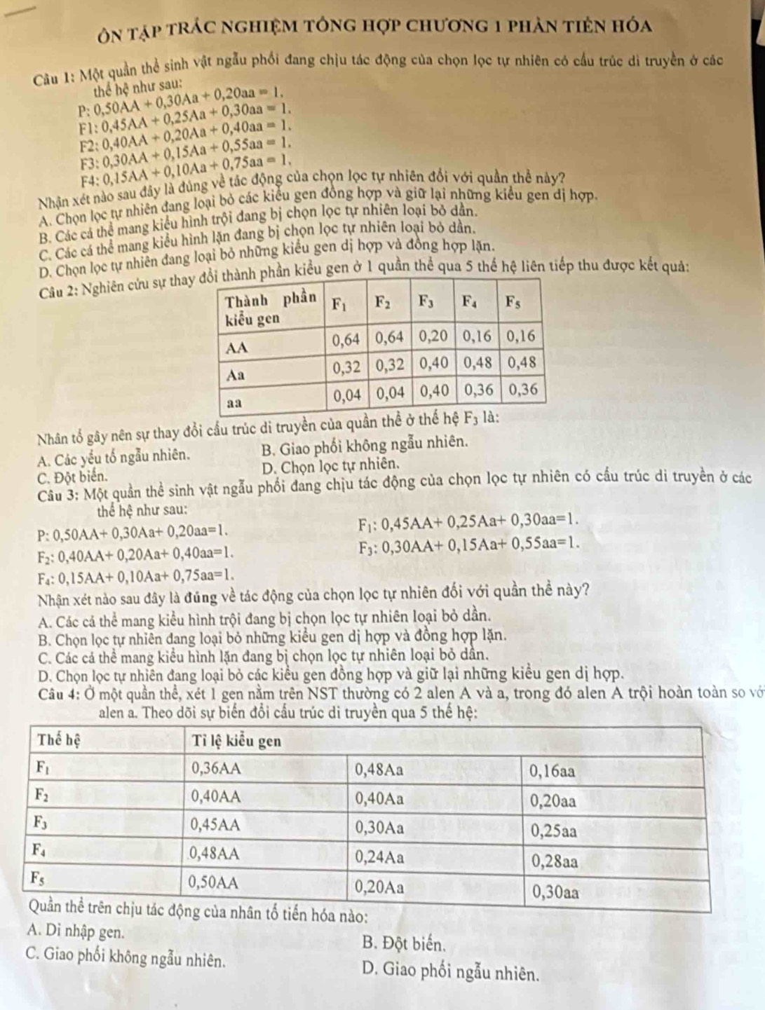 ôn tập trác nghiệm tóng hợp chương 1 phản tiên hóa
Câu 1: Một quần thể sinh vật ngẫu phối đang chịu tác động của chọn lọc tự nhiên có cầu trúc di truyền ở các
P:0,50AA+0,30Aa+0,20aa=1. thể hệ như sau:
F1:0,45AA+0,25Aa+0,30aa=1.
F2:0,40AA+0,20Aa+0,40aa=1.
F3: 0,30AA+0,15Aa+0,55aa=1.
F4: 0,15AA+0,10Aa+0,75aa=1,
Nhận xét nào sau đây là đúng về tắc động của chọn lọc tự nhiên đổi với quần thể này?
A. Chọn lọc tự nhiên đang loại bỏ các kiểu gen đồng hợp và giữ lại những kiểu gen dị hợp.
B. Các cá thể mang kiểu hình trội đang bị chọn lọc tự nhiên loại bỏ dẫn.
C. Các cá thể mang kiểu hình lặn đang bị chọn lọc tự nhiên loại bỏ dần.
D. Chọn lọc tự nhiên đang loại bỏ những kiểu gen dị hợp và đồng hợp lặn.
Câu 2: Nghiên cửu sự than kiểu gen ở 1 quần thể qua 5 thế hệ liên tiếp thu được kết quả:
Nhân tố gây nên sự thay đổi cầu trúc di truyền của quần t
A. Các yếu tố ngẫu nhiên. B. Giao phối không ngẫu nhiên.
C. Đột biển. D. Chọn lọc tự nhiên.
Câu 3: Một quần thể sinh vật ngẫu phối đang chịu tác động của chọn lọc tự nhiên có cầu trúc di truyền ở các
thể hệ như sau:
P:0,50AA+0,30Aa+0,20aa=1.
F_1:0,45AA+0,25Aa+0,30aa=1.
F_2:0,40AA+0,20Aa+0,40aa=1.
F_3:0,30AA+0,15Aa+0,55aa=1.
F_4:0,15AA+0,10Aa+0,75aa=1.
Nhận xét nào sau đây là đúng về tác động của chọn lọc tự nhiên đối với quần thể này?
A. Các cá thể mang kiểu hình trội đang bị chọn lọc tự nhiên loại bỏ dần.
B. Chọn lọc tự nhiên đang loại bỏ những kiểu gen dị hợp và đồng hợp lặn.
C. Các cá thể mang kiểu hình lặn đang bị chọn lọc tự nhiên loại bỏ dần.
D. Chọn lọc tự nhiên đang loại bỏ các kiều gen đồng hợp và giữ lại những kiều gen dị hợp.
Câu 4: Ở một quần thể, xét 1 gen nằm trên NST thường có 2 alen A và a, trong đó alen A trội hoàn toàn so với
alen a. Theo dõi sự biến đổi cầu trúc di truyền qua 5 thế hệ:
A. Di nhập gen. B. Đột biến.
C. Giao phối không ngẫu nhiên. D. Giao phối ngẫu nhiên.