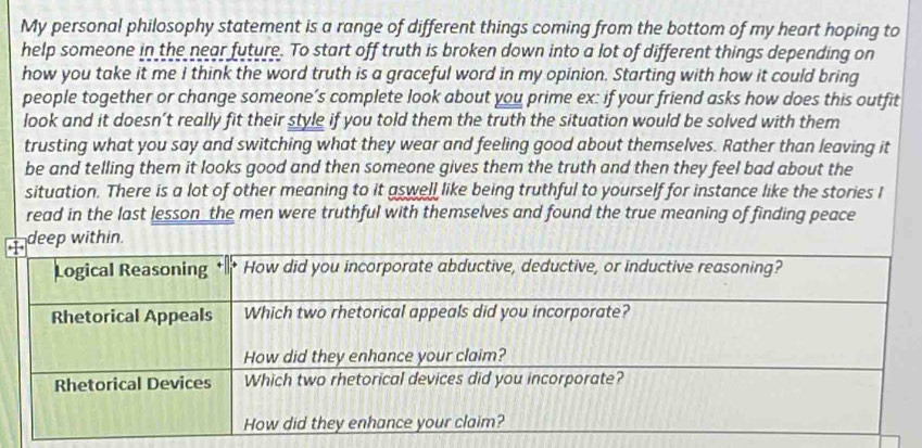 My personal philosophy statement is a range of different things coming from the bottom of my heart hoping to 
help someone in the near future. To start off truth is broken down into a lot of different things depending on 
how you take it me I think the word truth is a graceful word in my opinion. Starting with how it could bring 
people together or change someone’s complete look about you prime ex: if your friend asks how does this outfit 
look and it doesn’t really fit their style if you told them the truth the situation would be solved with them 
trusting what you say and switching what they wear and feeling good about themselves. Rather than leaving it 
be and telling them it looks good and then someone gives them the truth and then they feel bad about the 
situation. There is a lot of other meaning to it aswell like being truthful to yourself for instance like the stories I 
read in the last lesson the men were truthful with themselves and found the true meaning of finding peace 
deep within