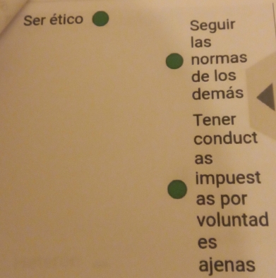 Ser ético 
Seguir 
las 
normas 
de los 
demás 
Tener 
conduct 
as 
impuest 
as por 
voluntad 
es 
ajenas