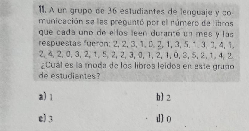 A un grupo de 36 estudiantes de lenguaje y co-
municación se les preguntó por el número de libros
que cada uno de ellos leen duranté un mes y las
respuestas fueron: 2, 2, 3, 1, 0, 2, 1, 3, 5, 1, 3, 0, 4, 1,
2, 4, 2, 0, 3, 2, 1, 5, 2, 2, 3, 0, 1, 2, 1, 0, 3, 5, 2, 1, 4, 2.
¿Cuál es la moda de los libros leídos en este grupo
de estudiantes?
a) 1 b) 2
c) 3 d) o