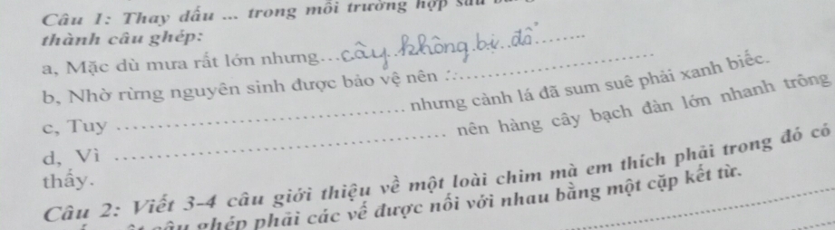 Thay đấu ... trong mỗi trường hợp sửu 
thành câu ghép:_ 
a, Mặc dù mưa rất lớn nhưng. 
nhưng cảnh lá đã sum suê phải xanh biếc, 
b, Nhờ rừng nguyên sinh được bảo vệ nên ∴ 
c, Tuy 
_hên hàng cây bạch đàn lớn nhanh trông 
d, Vì 
Câu 2: Viết 3- 4 câu giới thiệu về một loài chim mà em thích phải trong đó có 
thấy. 
T phép phải các vế được nối với nhau bằng một cặp kết từ.