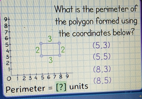 What is the perimeter of
the polygon formed using
the coordinates below?
(5,3)
(5,5)
(8,3)
Perimeter =[?] units (8,5)