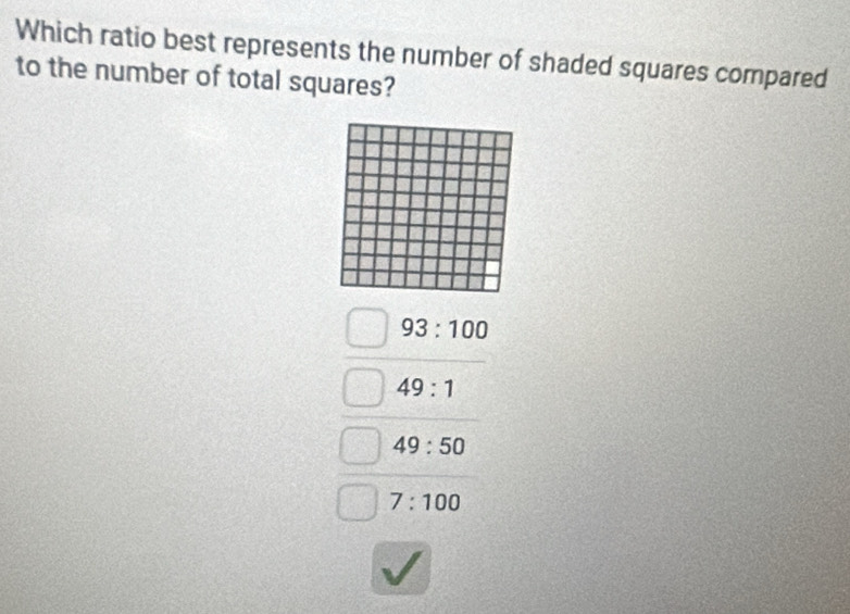 Which ratio best represents the number of shaded squares compared
to the number of total squares?
93:100
49:1
49:50
7:100