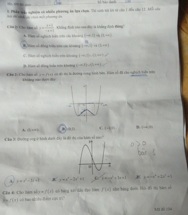 Họ, tên thị sinh:
_Số báo danh_
L. Phần trác nghiệm có nhiều phương án lựa chọn. Thi sinh trả lời từ cầa 1 đến câu 12. Aổi cứa
hái thể xính chi chọa một phương án
Câu 1: Cho hàm số y= (x+1)/-x+1  Khẳng định nào sau đây là khẳng định đúng?
A. Hàm số nghịch biển trên các khoảng (-∈fty ,1) và (k+x).
B. Hàm số đồng biển trên các khoảng (-∈fty ,1)va(t,+∈fty ).
C. Hàm số nghịch biển trên khoảng (-∈fty ,1)∪ (1,+∈fty )
D. Hàm số đồng biển tên khoảng (-∈fty ,1)∪ (1,+∈fty )
Cầu 2: Cho hám số y=f(x) 6ó đồ thị là đường cong hình bên. Hàm số đã cho nghịch biên trên
khoáng nǎo duới đày
A. (l_1+∈fty ). B (0;1). C. (-1;0). D. (-∈fty ,0). 
Cầu 3: Đường cog ở hành dưới đây là đồ thị của hàm số nào?
A. y=x^2-3x+1 B. y=x^4-2x^2+1 C y=-x^3+3x+1 ,D. y=-x^4+2x^2+1
Câu 4: Cho hàm số y=f(x) có bảng xét dầu đạo hàm f(x) như bảng dưới. Hội đồ thị hàm số
y=f(x) có bao nhiều điểm cực trị?
Mã đê 104