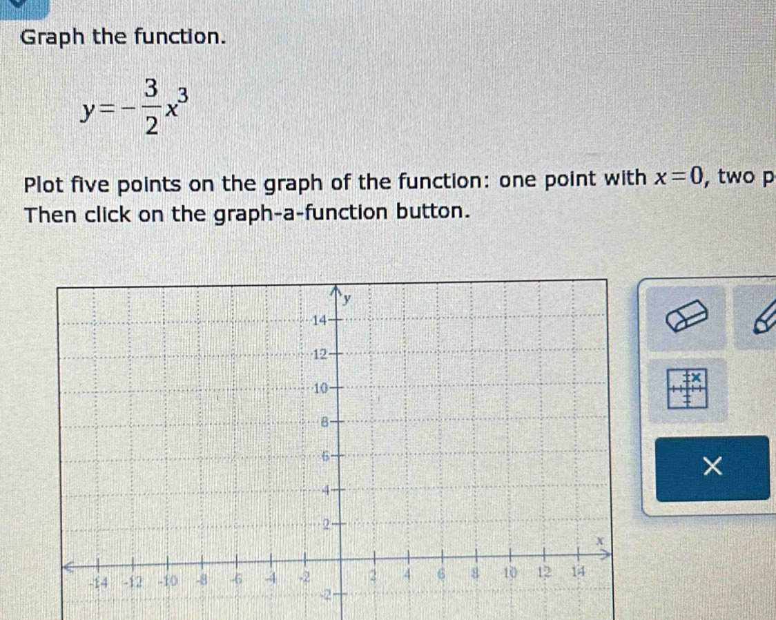 Graph the function.
y=- 3/2 x^3
Plot five points on the graph of the function: one point with x=0 , two p
Then click on the graph-a-function button.