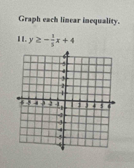 Graph each linear inequality. 
11. y≥ - 1/5 x+4