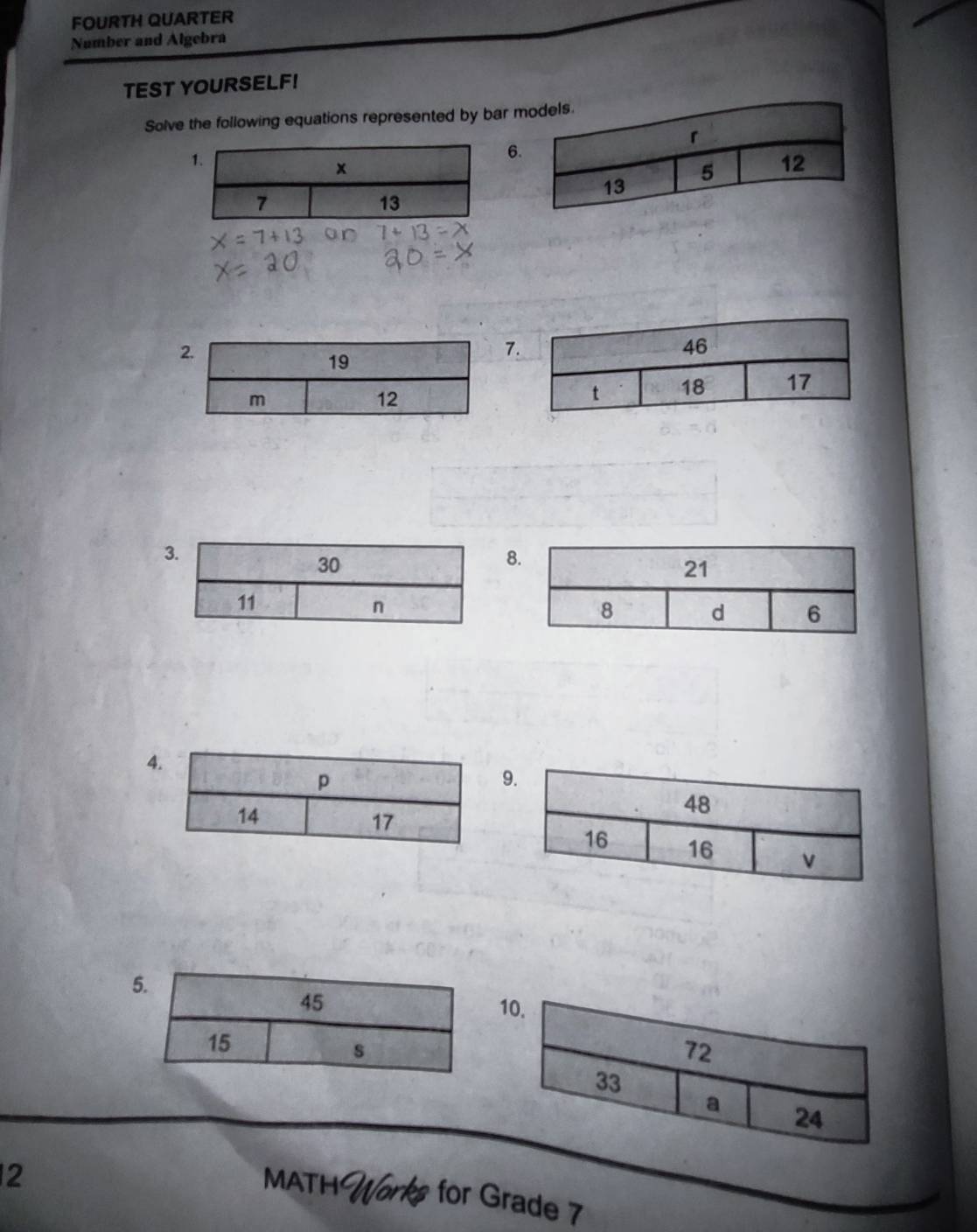 FOURTH QUARTER 
Number and Algebra 
TEST YOURSELF! 
Solve the following equations represented by bar m 
6.
7
3
8
4
9 
1 
2 MATH 。 for Grade 7