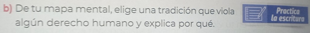 De tu mapa mental, elige una tradición que viola Practica 
la escritura 
algún derecho humano y explica por qué.