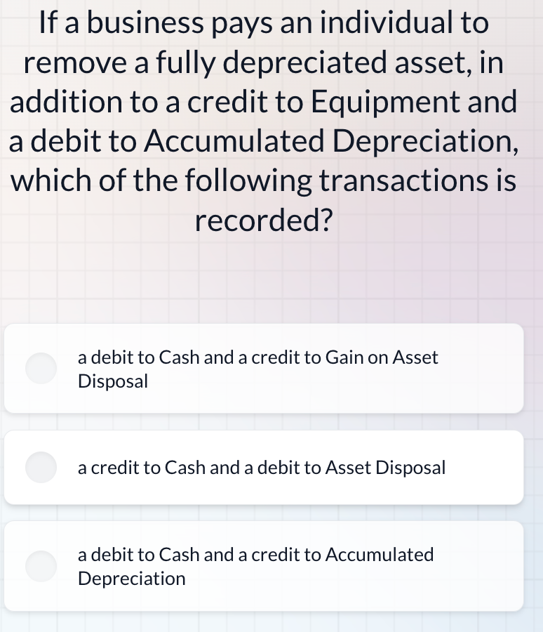 If a business pays an individual to
remove a fully depreciated asset, in
addition to a credit to Equipment and
a debit to Accumulated Depreciation,
which of the following transactions is
recorded?
a debit to Cash and a credit to Gain on Asset
Disposal
a credit to Cash and a debit to Asset Disposal
a debit to Cash and a credit to Accumulated
Depreciation