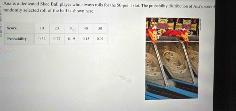 Ana is a dedicated Skee Ball player who always rolls for the 50 -point slot. The probability distribution of Ana's score X
randomly selected roll of the ball is shown here.