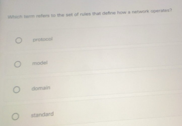 Solved: Which term refers to the set of rules that define how a network ...