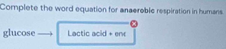 Complete the word equation for anaerobic respiration in humans.
glucose Lactic acid + en