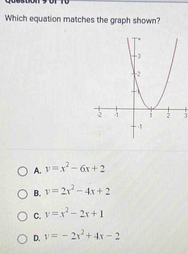 Which equation matches the graph shown?
3
A. v=x^2-6x+2
B. v=2x^2-4x+2
C. v=x^2-2x+1
D. v=-2x^2+4x-2