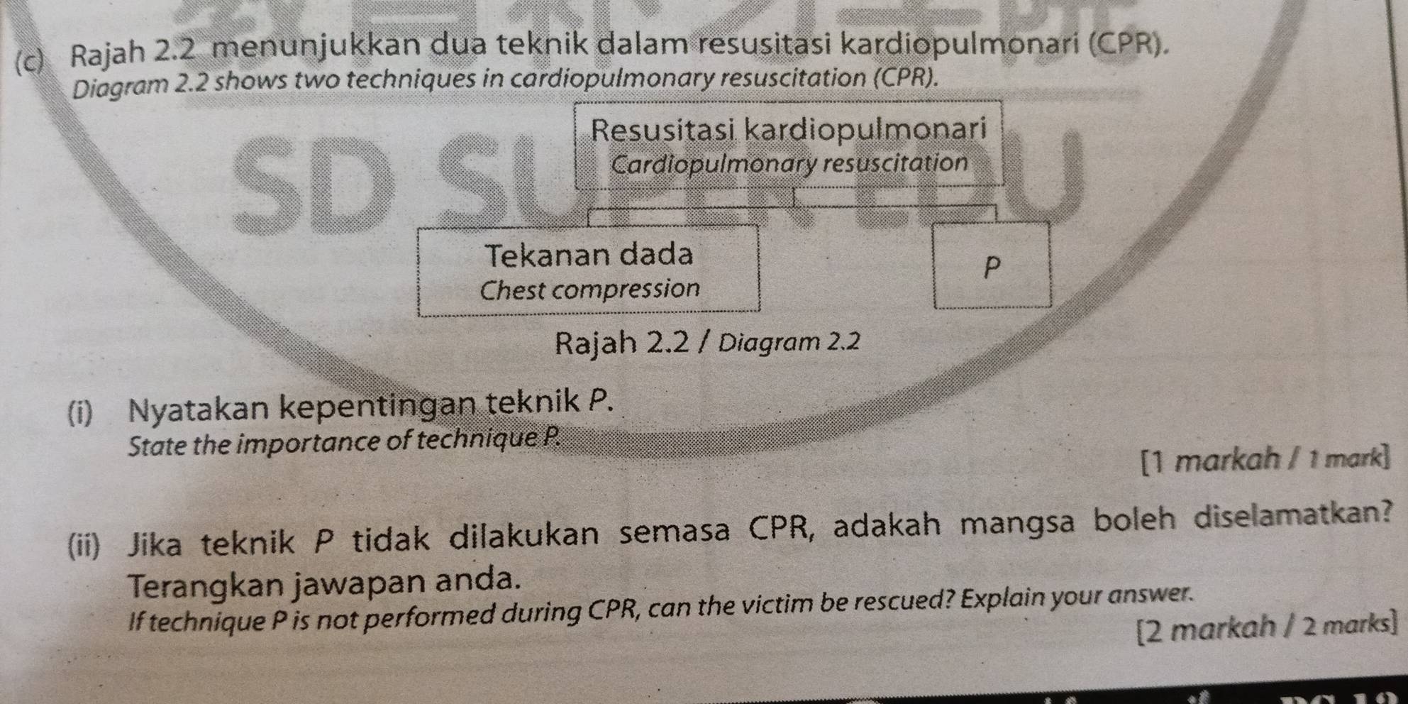 Rajah 2.2 menunjukkan dua teknik dalam resusitasi kardiopulmonari (CPR). 
Diagram 2.2 shows two techniques in cardiopulmonary resuscitation (CPR). 
SD 
Resusitasi kardiopulmonari 
Cardiopulmonary resuscitation 
Tekanan dada
P
Chest compression 
Rajah 2.2 / Diagram 2.2 
(i) Nyatakan kepentingan teknik P. 
State the importance of technique P. 
[1 markah / 1 mark] 
(ii) Jika teknik P tidak dilakukan semasa CPR, adakah mangsa boleh diselamatkan? 
Terangkan jawapan anda. 
If technique P is not performed during CPR, can the victim be rescued? Explain your answer. 
[2 markah / 2 marks]