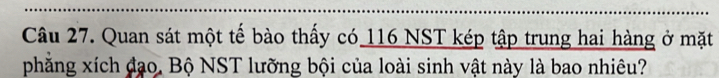 Quan sát một tế bào thấy có 116 NST kép tập trung hai hàng ở mặt 
phẳng xích đạo. Bộ NST lưỡng bội của loài sinh vật này là bao nhiêu?