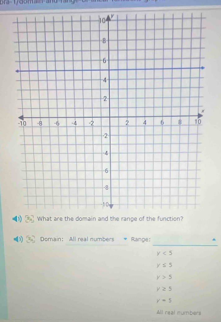 bra-17domai-and-fang
_
Domain: All real numbers Range:
▲
y<5</tex>
y≤ 5
y>5
y≥ 5
y=5
All real numbers