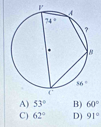 A) 53° B) 60°
C) 62° D) 91°