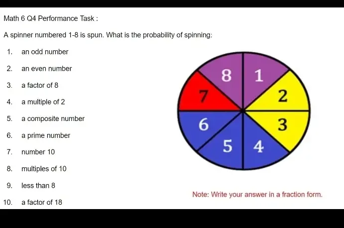 Solved: Math 6 Q4 Performance Task : A spinner numbered 1-8 is spun ...