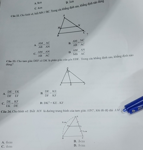 A. 8cm D. 2cm
C. 4cm
Câu 22. Cho hình vẽ, biết MNparallel BC Trong các khẳng định sau, khẳng định nào đúng
A.  AM/AB = AC/AN  B.  AM/AB = NC/AC 
C.  AM/AB = AN/AC  D.  AM/MB = AN/AC 
Câu 23. Cho tam giác DEF có DK là phân giác của góc EDF. Trong các khẳng định sau, khẳng định nào
dúng?
A.  DE/DF = EK/EF  B.  DE/DF = KE/KF 
C.  DE/EK = KF/DE  D. DK^2=KE· KF
Câu 24. Cho hình vẽ: Biết MN là đường trung bình của tam giác ABC , khi đó độ dài AM
A. 6 cm B. 3cm
C. 4cm D. 8 cm