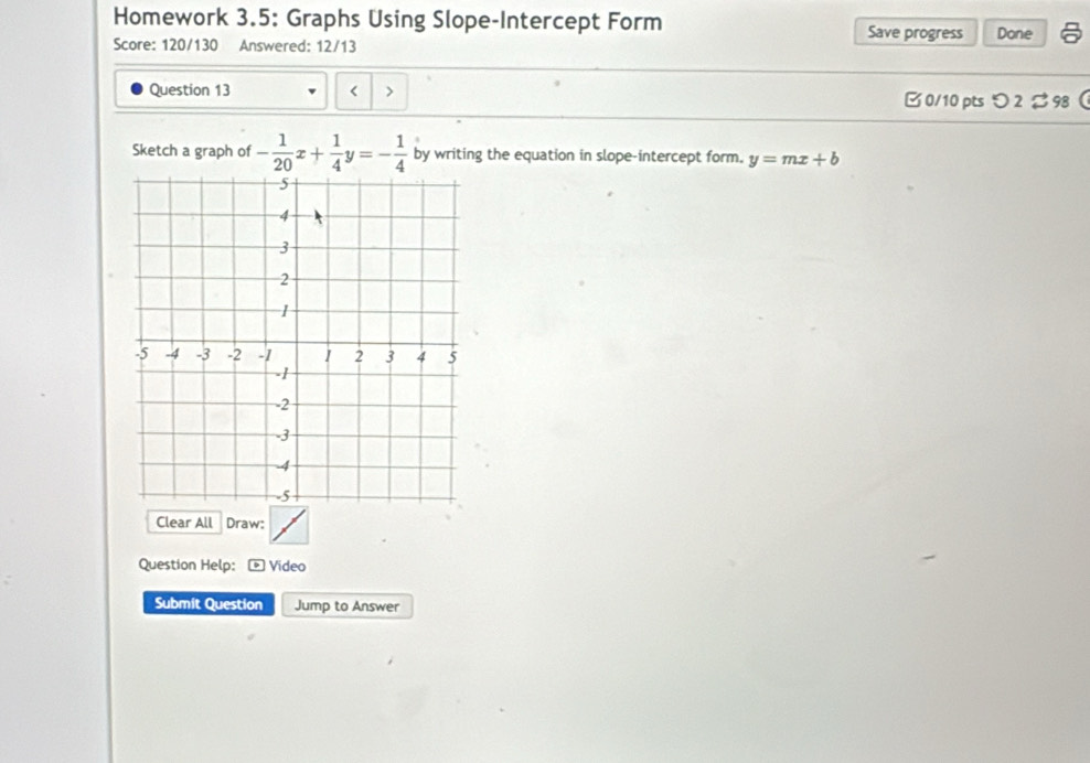 Homework 3.5: Graphs Using Slope-Intercept Form Save progress Done
Score: 120/130 Answered: 12/13
Question 13 < > B0/10 pts つ2 %98
Sketch a graph of - 1/20 x+ 1/4 y=- 1/4  by writing the equation in slope-intercept form. y=mx+b
Clear All Draw:
Question Help: ] Video
Submit Question Jump to Answer