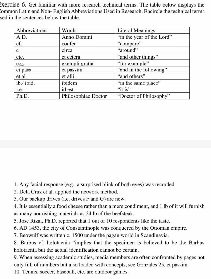 Get familiar with more research technical terms. The table below displays the 
Common Latin and Non- English Abbreviations Used in Research. Encircle the technical terms 
sed in the sentences below the table. 
1. Any facial response (e.g., a surprised blink of both eyes) was recorded. 
2. Dela Cruz et al. applied the network method. 
3. Our backup drives (i.e. drives F and G) are new. 
4. It is essentially a food cheese rather than a mere condiment, and 1 lb of it will furnish 
as many nourishing materials as 24 lb cf the beefsteak. 
5. Jose Rizal, Ph.D. reported that 1 out of 10 respondents like the taste. 
6. AD 1453, the city of Constantinople was conquered by the Ottoman empire. 
7. Beowulf was written c. 1500 under the pagan world in Scandinavia. 
8. Barbus cf. holotaenia “implies that the specimen is believed to be the Barbus 
holotaenia but the actual identification cannot be certain. 
9. When assessing academic studies, media members are often confronted by pages not 
only full of numbers but also loaded with concepts, see Gonzales 25, et passim. 
10. Tennis, soccer, baseball, etc. are outdoor games.