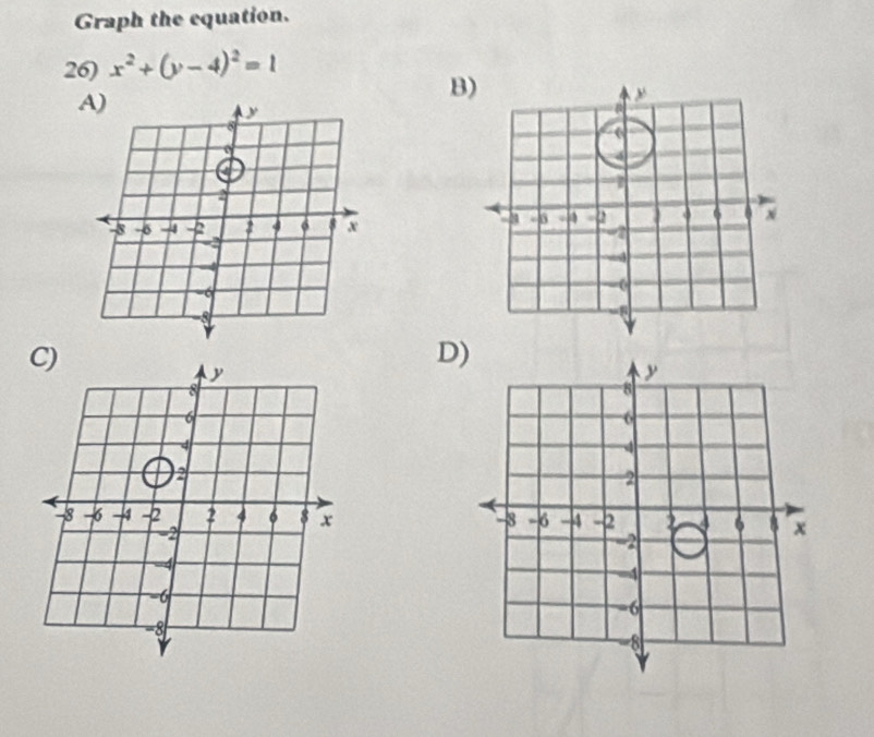 Graph the equation. 
26) x^2+(y-4)^2=1
B 

D