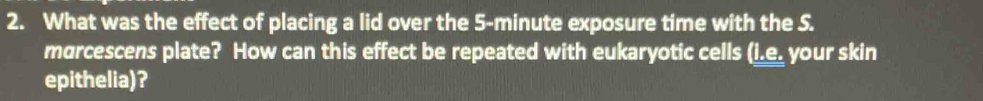What was the effect of placing a lid over the 5-minute exposure time with the S. 
marcescens plate? How can this effect be repeated with eukaryotic cells (i.e. your skin 
epithelia)?