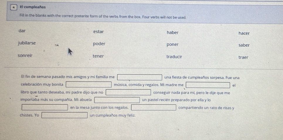 Solved: El cumpleaños Fill in the blanks with the correct preterite ...